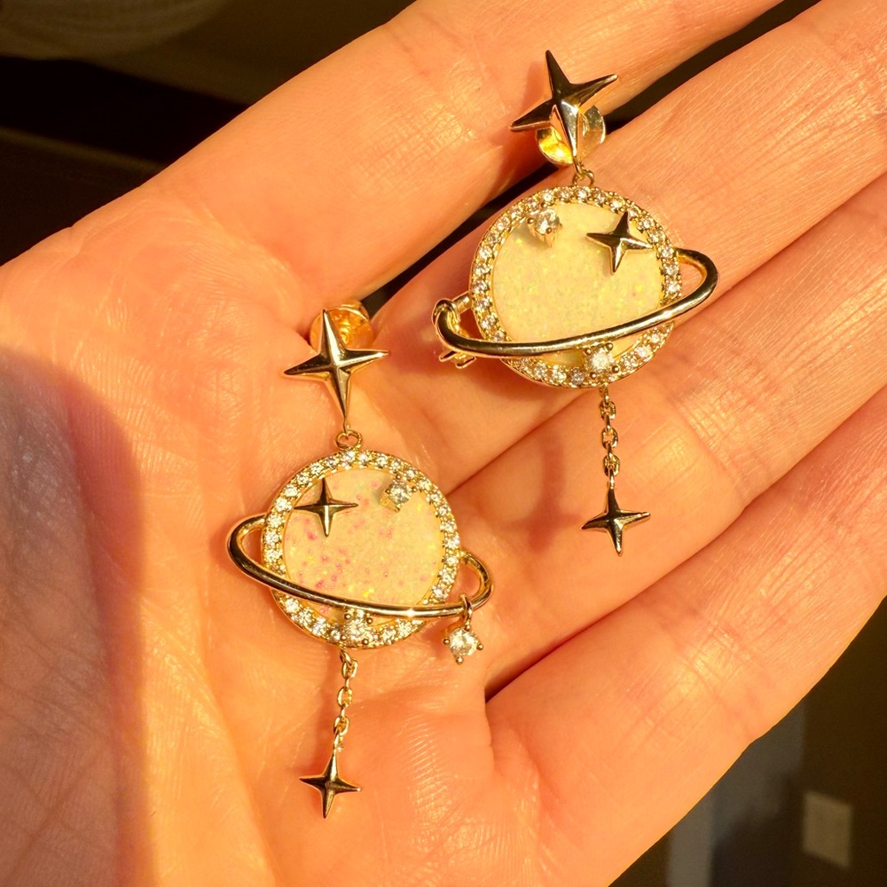 Melinda Maria White Opal Celestial Saturn Planet Earrings Gold Diamondettes